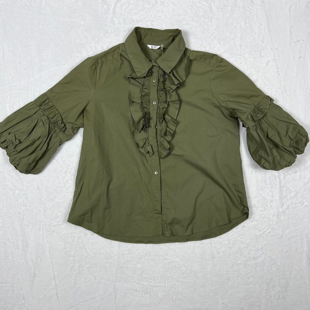 Kaktus Collar Shirt Women's Size XL Olive Green  3/4 Sleeves Ruffles‎ Button-Up